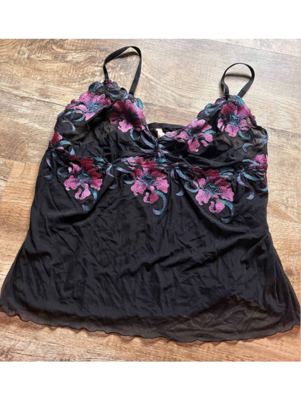 Cacique Sheer Mesh Babydoll Lingerie Camisole Top Floral Embroidery Black 26/28